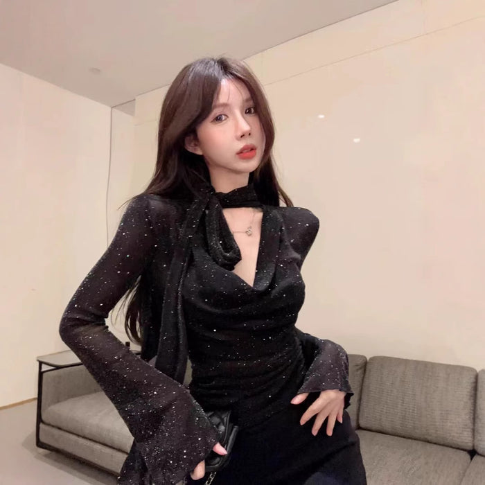 Sparkle Pleated Scarf Top - Fashionnsio