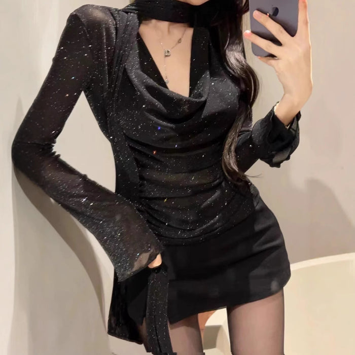Sparkle Pleated Scarf Top - Fashionnsio