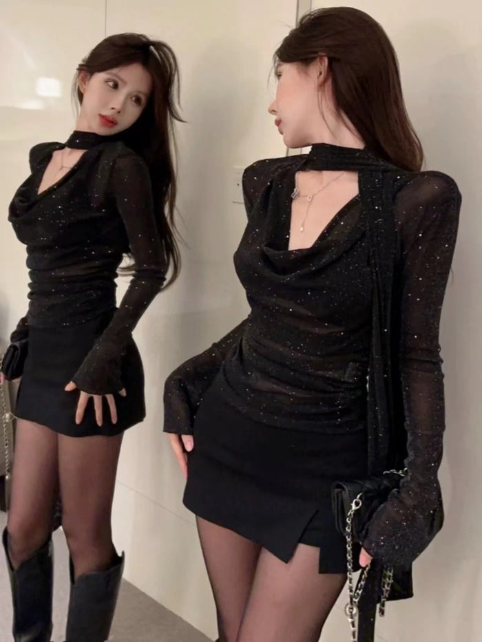 Sparkle Pleated Scarf Top - Fashionnsio