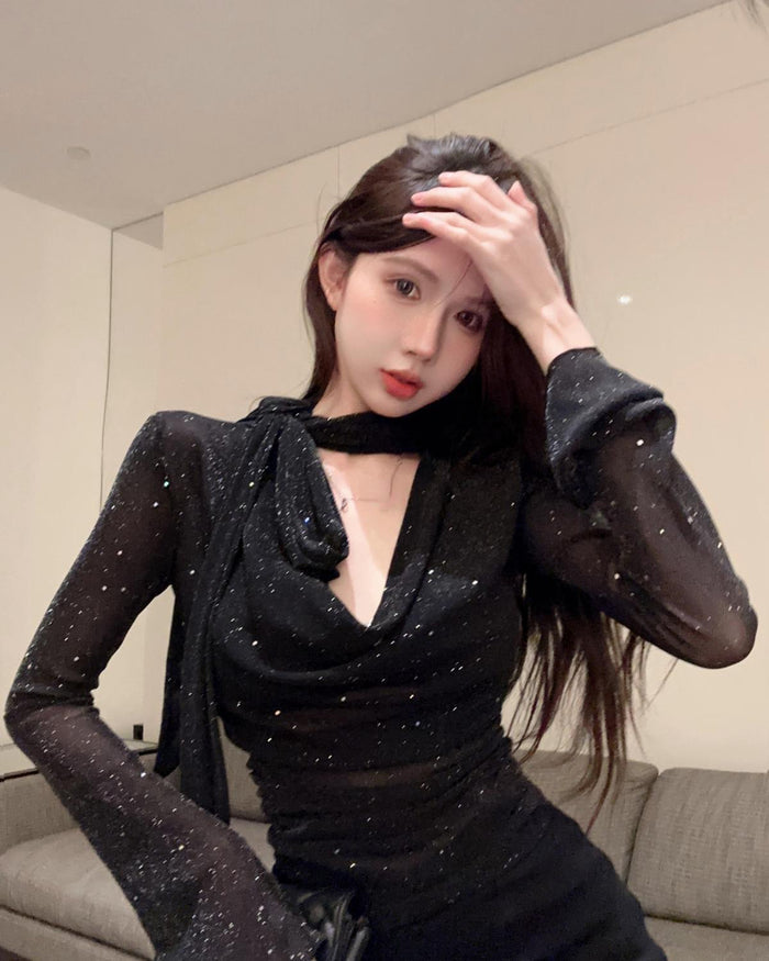 Sparkle Pleated Scarf Top - Fashionnsio