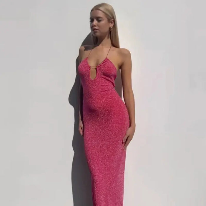 Halter Neck Sparkle Backless Dress fashionnsio