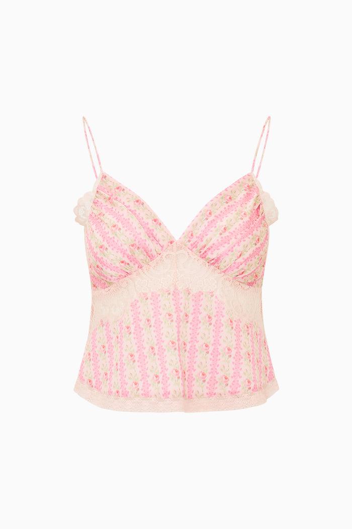 Pink and white striped camisole top on a white background