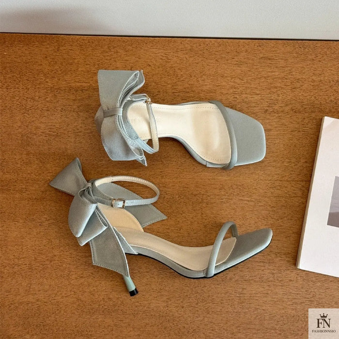 Square Toe Satin Bow Heels - Fashionnsio