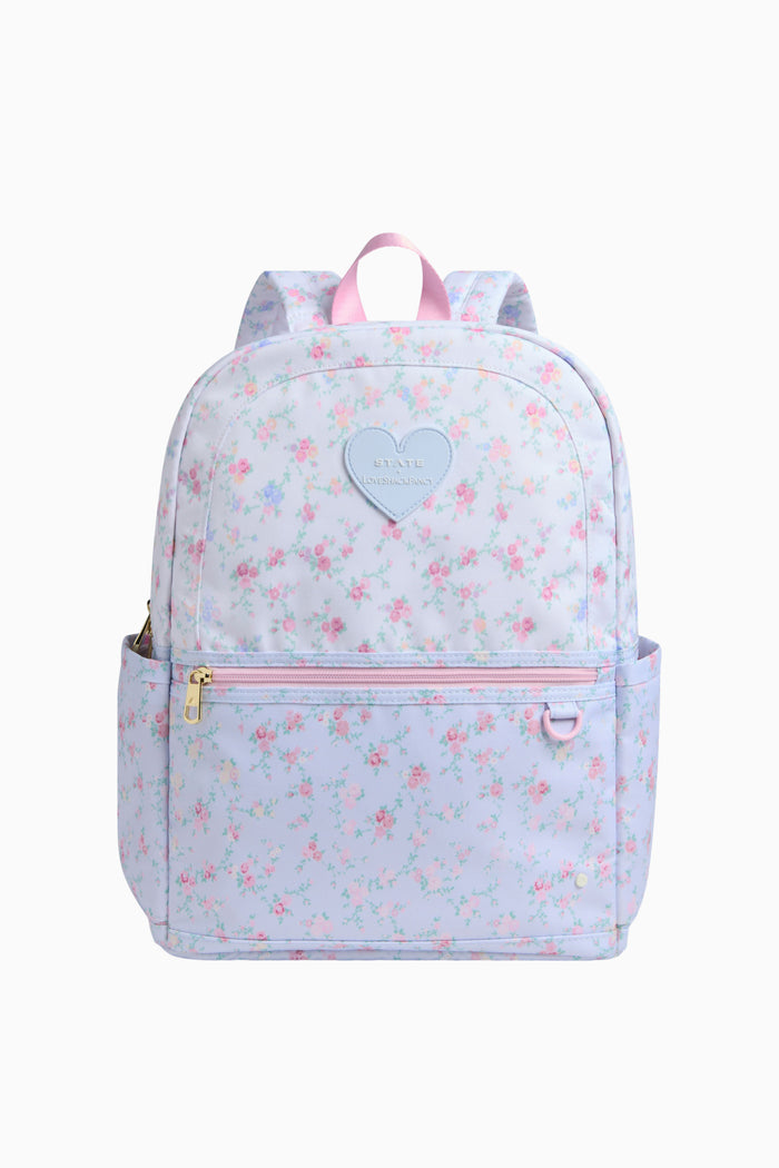 Backpack with floral pattern and heart design on a white background