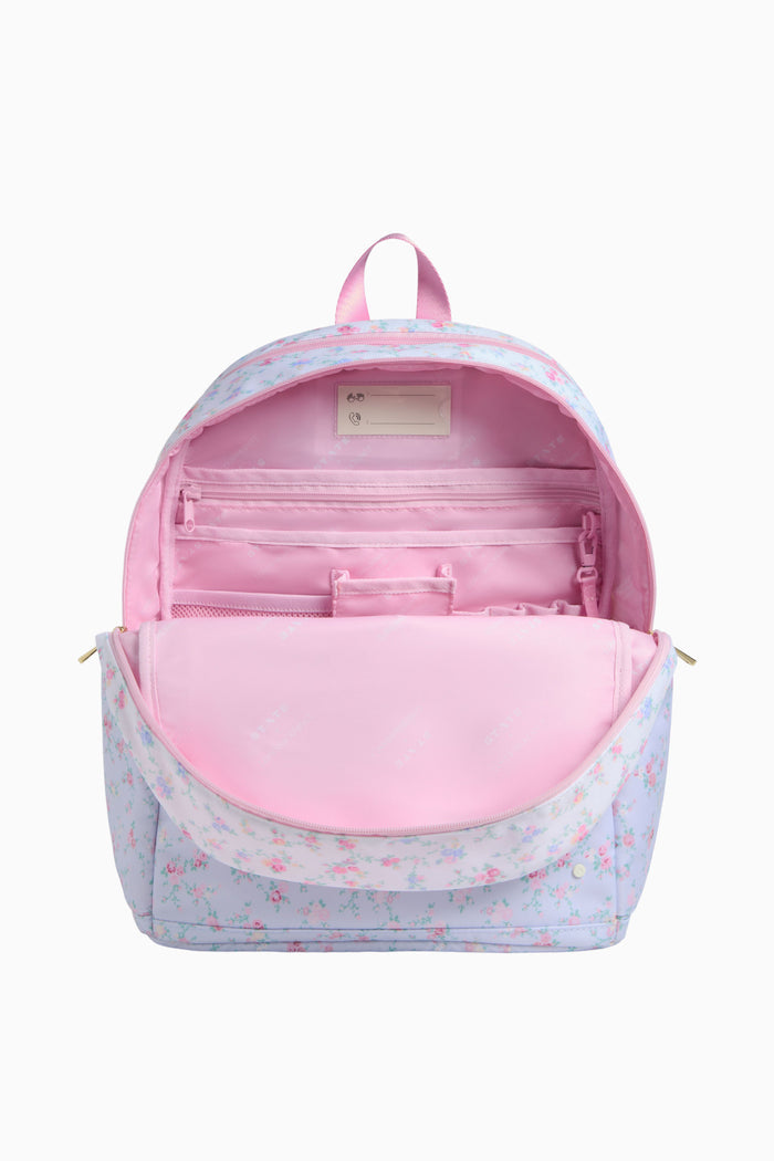 Pink and gray backpack with open compartments on a white background