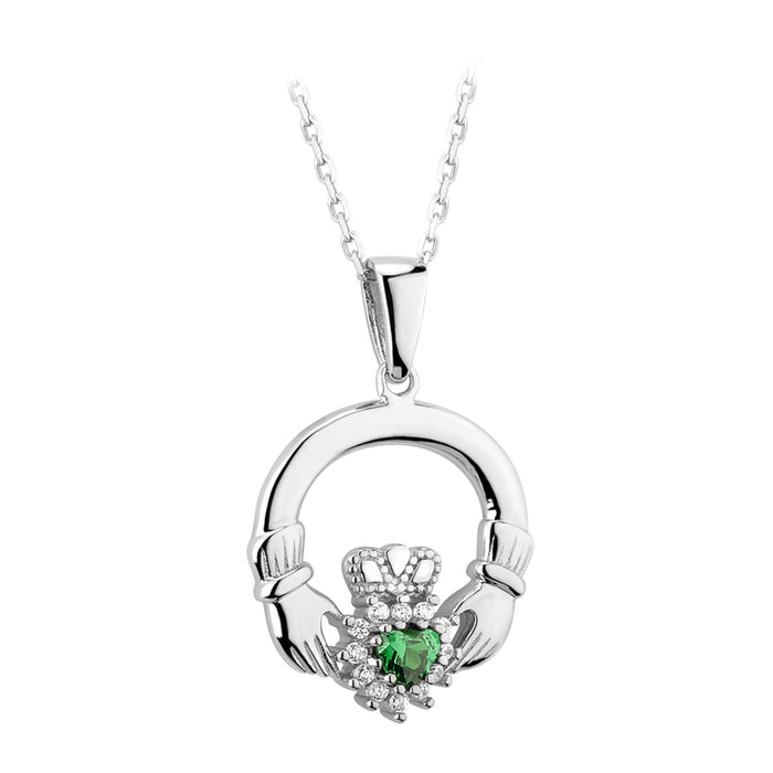 Solvar Sterling Silver Cz Green Cluster Claddagh Pendant S44591
