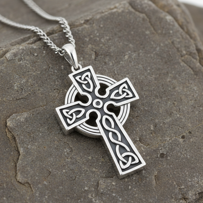 Sterling Silver Double Side Oxidized Cross On Steel Chain