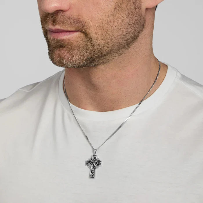 Sterling Silver Double Side Oxidized Cross On Steel Chain