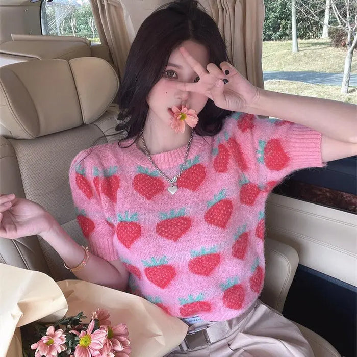 Strawberry Knitted Sweater Top fashionnsio