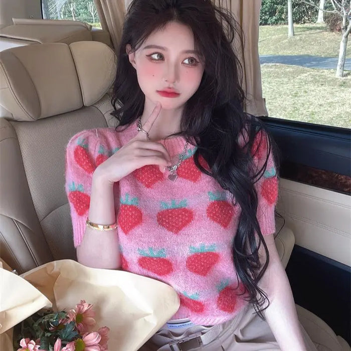 Strawberry Knitted Sweater Top fashionnsio