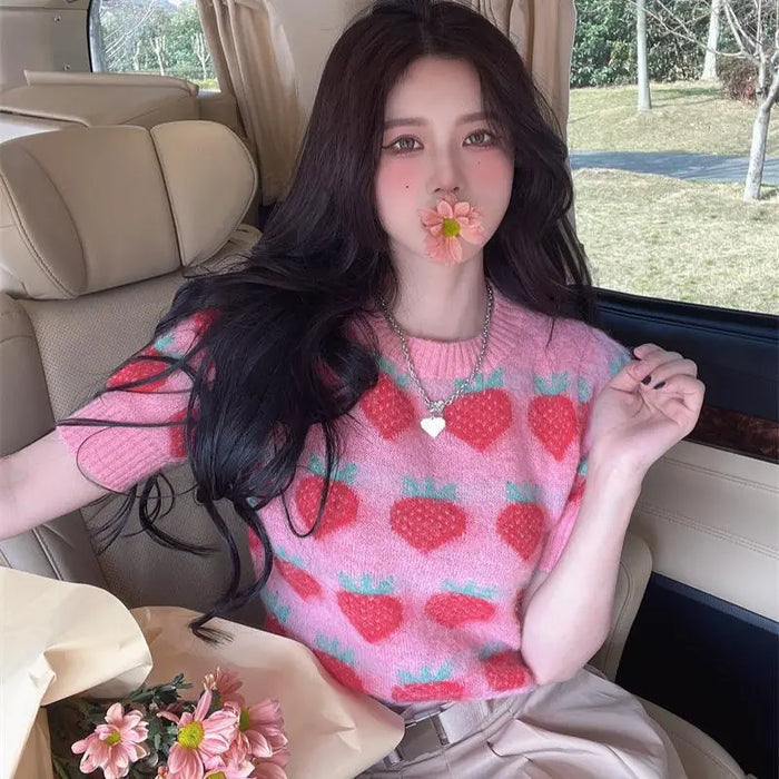 Strawberry Knitted Sweater Top fashionnsio
