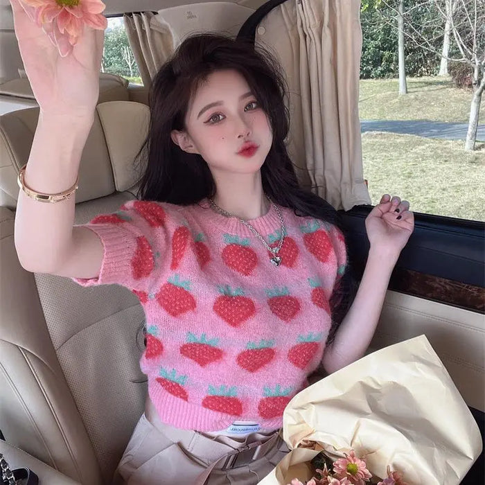 Strawberry Knitted Sweater Top fashionnsio