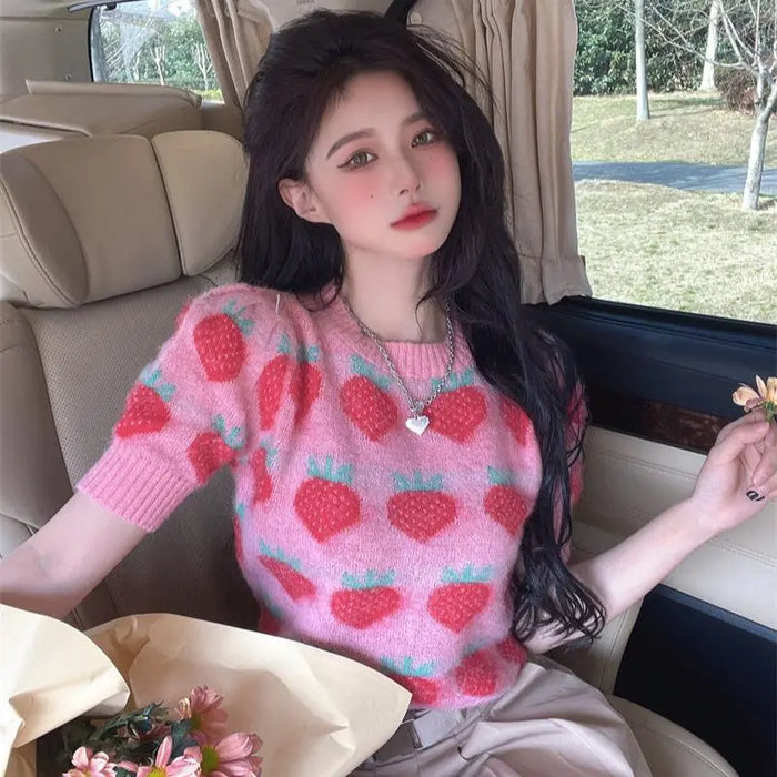 Strawberry Knitted Sweater Top fashionnsio