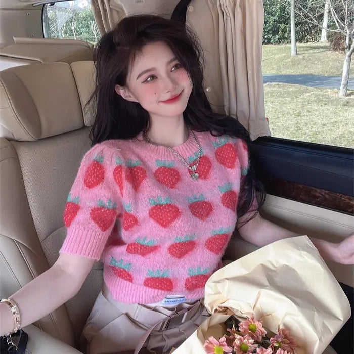 Strawberry Knitted Sweater Top fashionnsio