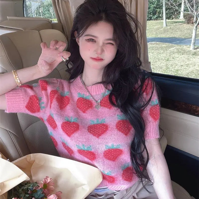Strawberry Knitted Sweater Top fashionnsio