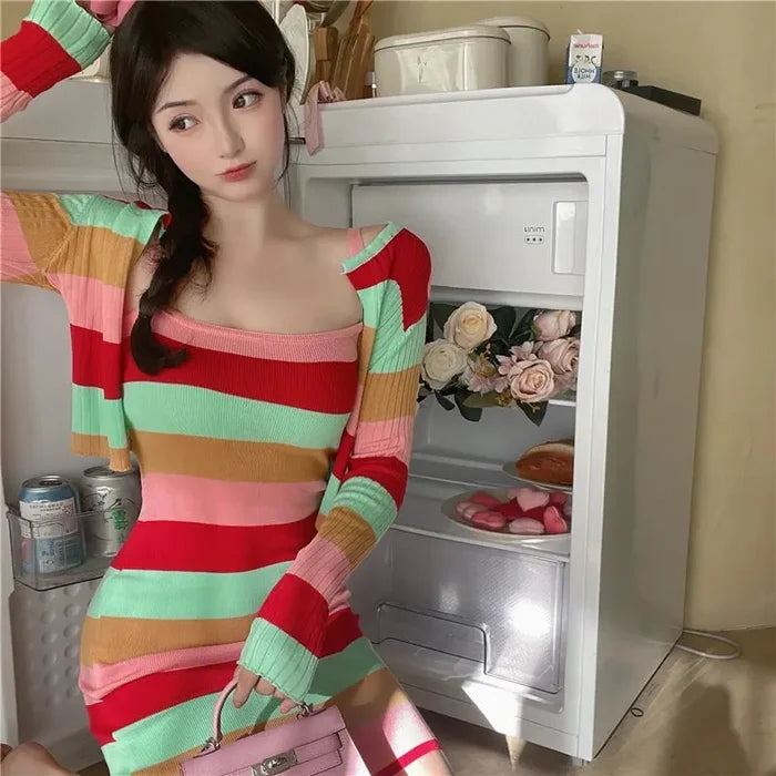 Striped Bodycon Dress + Cardigan fashionnsio