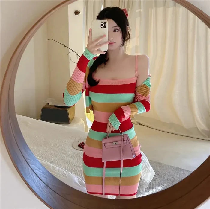 Striped Bodycon Dress + Cardigan fashionnsio