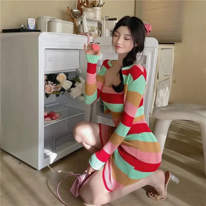 Striped Bodycon Dress + Cardigan fashionnsio