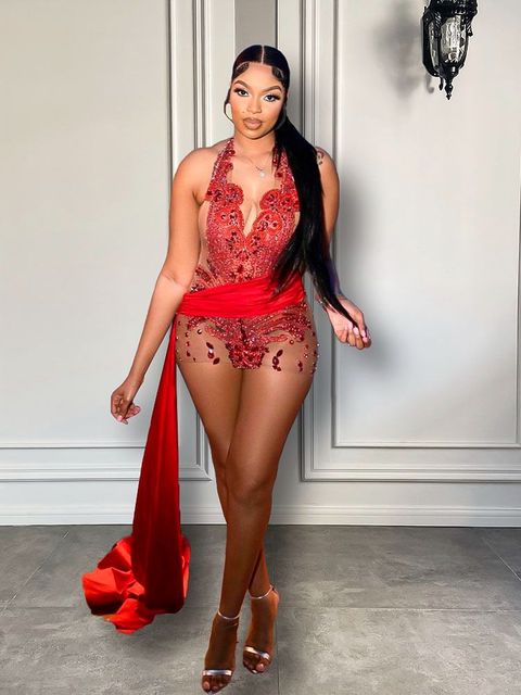 Stunning Red Diamond Sexy See Through Halter Birthday Dress with Train