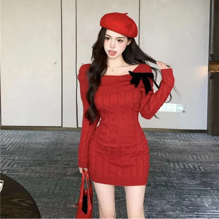 Sweater Knit Mini Bow Dress - Fashionnsio