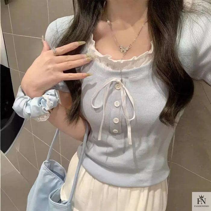 Sweet Ruffle Button Bow Top - Fashionnsio