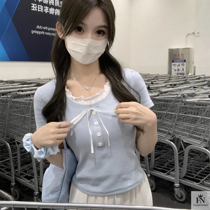 Sweet Ruffle Button Bow Top - Fashionnsio