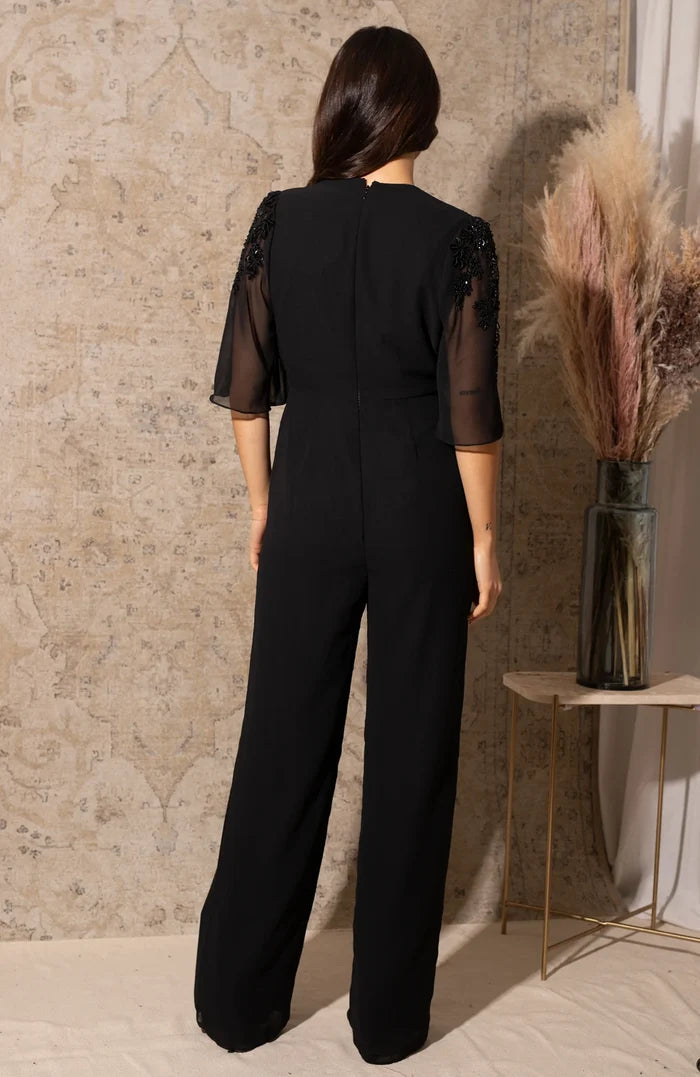 The Zoey Plunge Front Embellished Jumpsuit (Black)