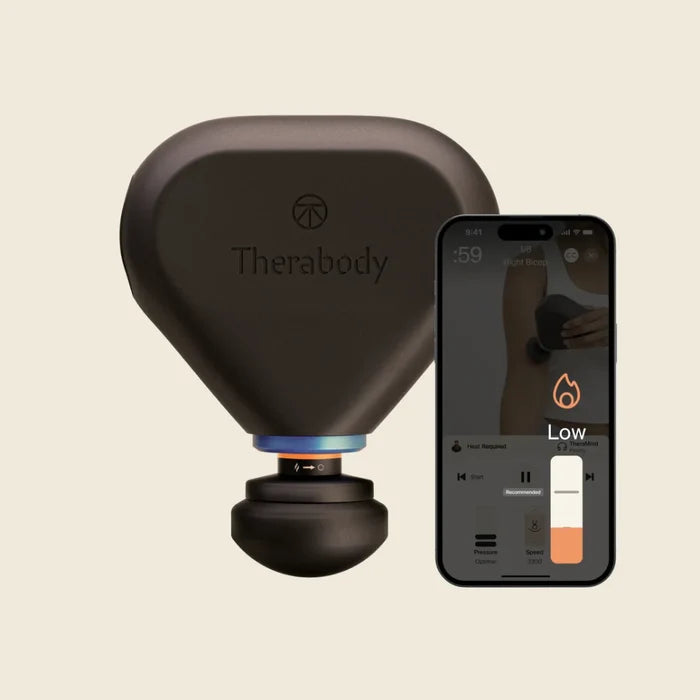 Black Therabody device with a smartphone displaying app interface on a light gray background