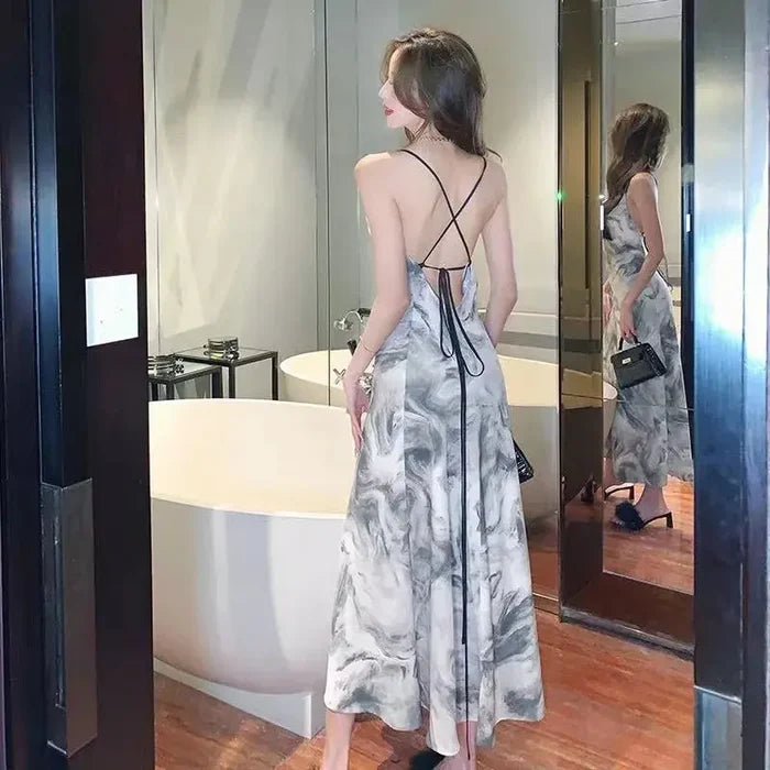 Korean Tie Dye Backless Dress fashionnsio