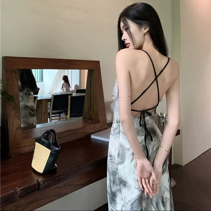 Korean Tie Dye Backless Dress fashionnsio