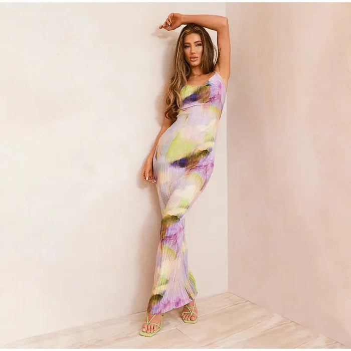 Tie Dye Pleated Slim Fit Dress fashionnsio
