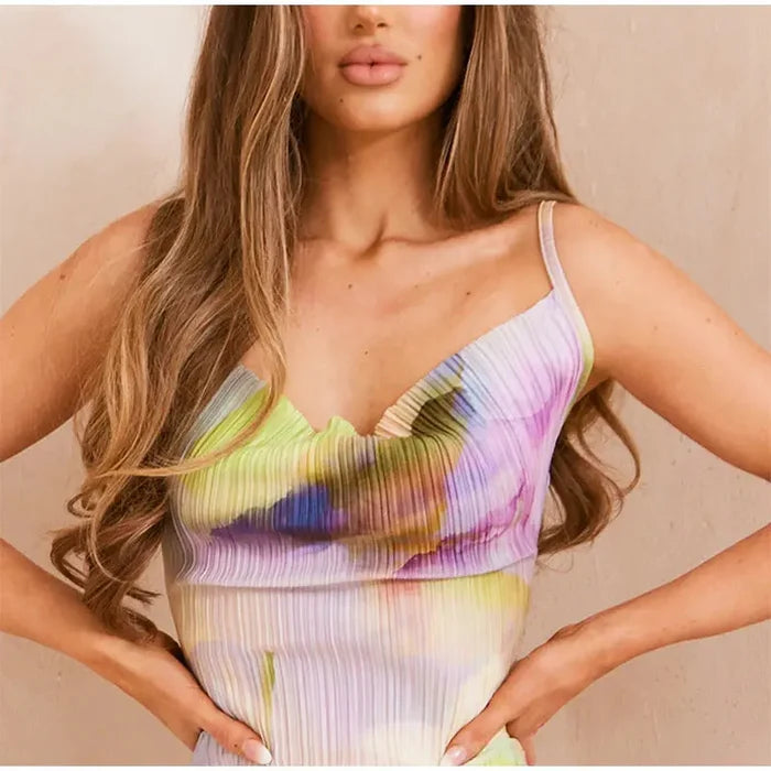 Tie Dye Pleated Slim Fit Dress fashionnsio