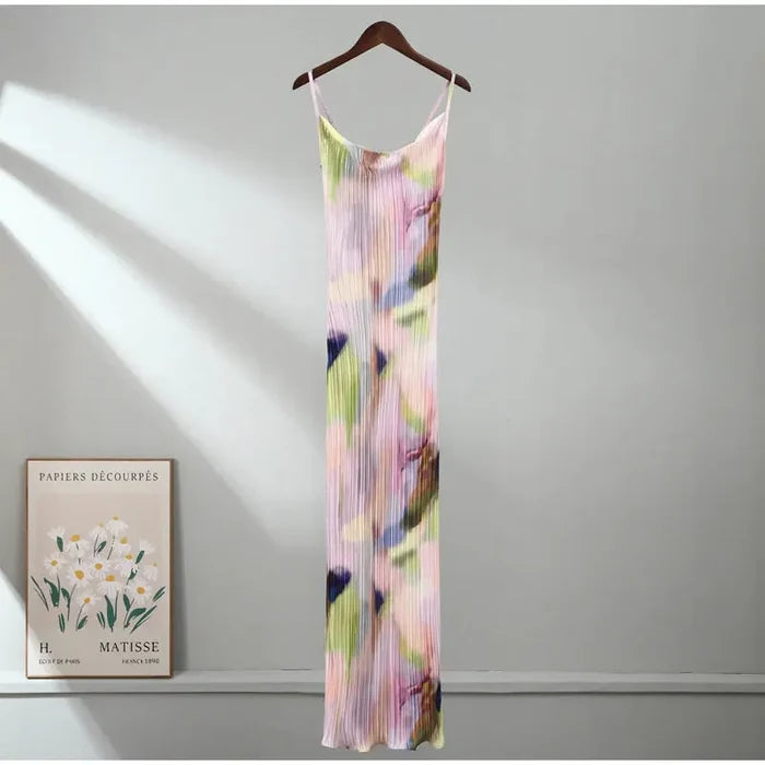 Tie Dye Pleated Slim Fit Dress fashionnsio
