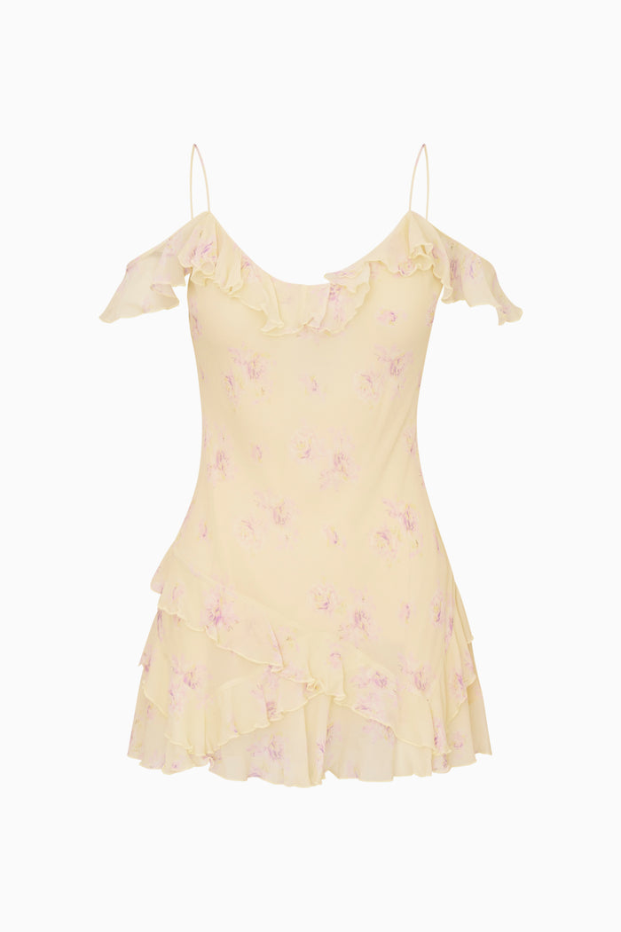Yellow ruffle off the shoulder mini dress with floral patterns on a white background