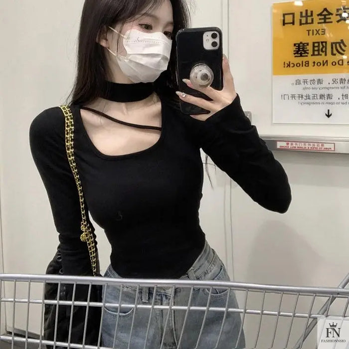 Turtle Neck Cut Out Crop Top - Fashionnsio