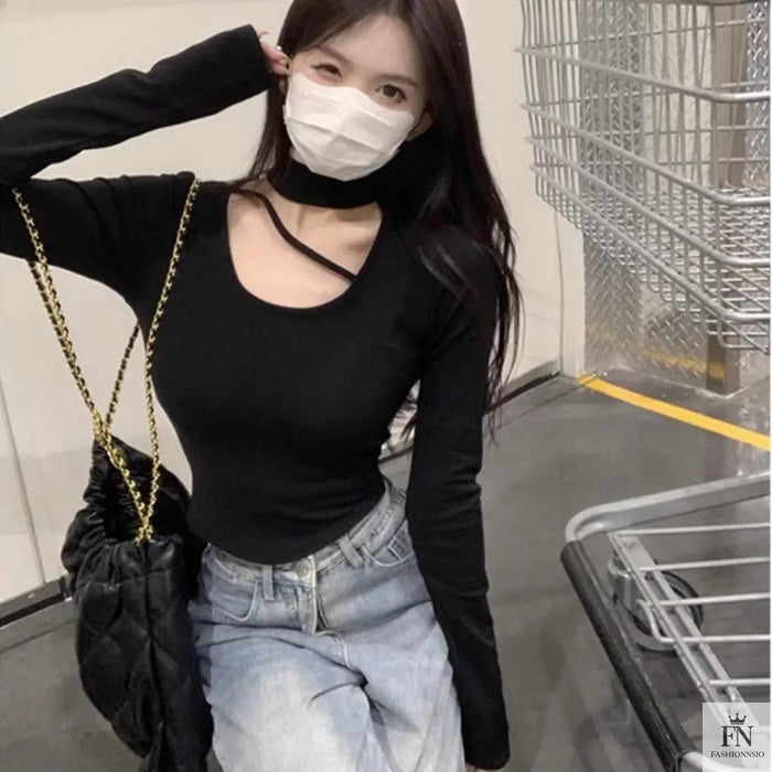 Turtle Neck Cut Out Crop Top - Fashionnsio