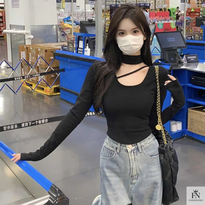 Turtle Neck Cut Out Crop Top - Fashionnsio