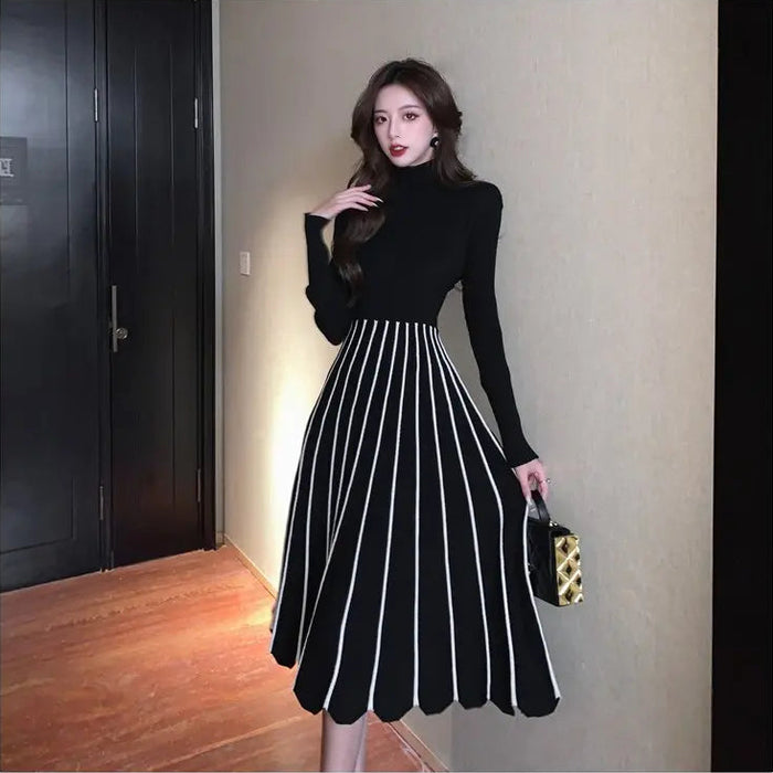 Turtleneck Striped Pleated Dress fashionnsio
