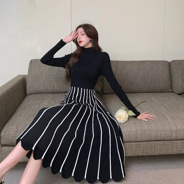 Turtleneck Striped Pleated Dress fashionnsio