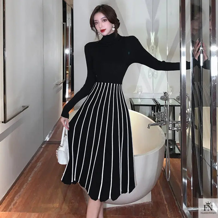 Turtleneck Striped Maxi Dress - Fashionnsio