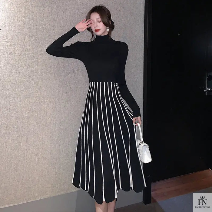 Turtleneck Striped Maxi Dress - Fashionnsio