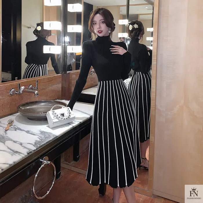 Turtleneck Striped Maxi Dress - Fashionnsio
