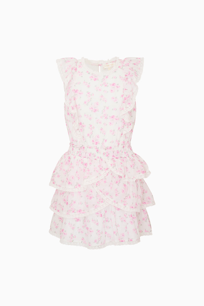 Pink floral ruffle dress against a white background
