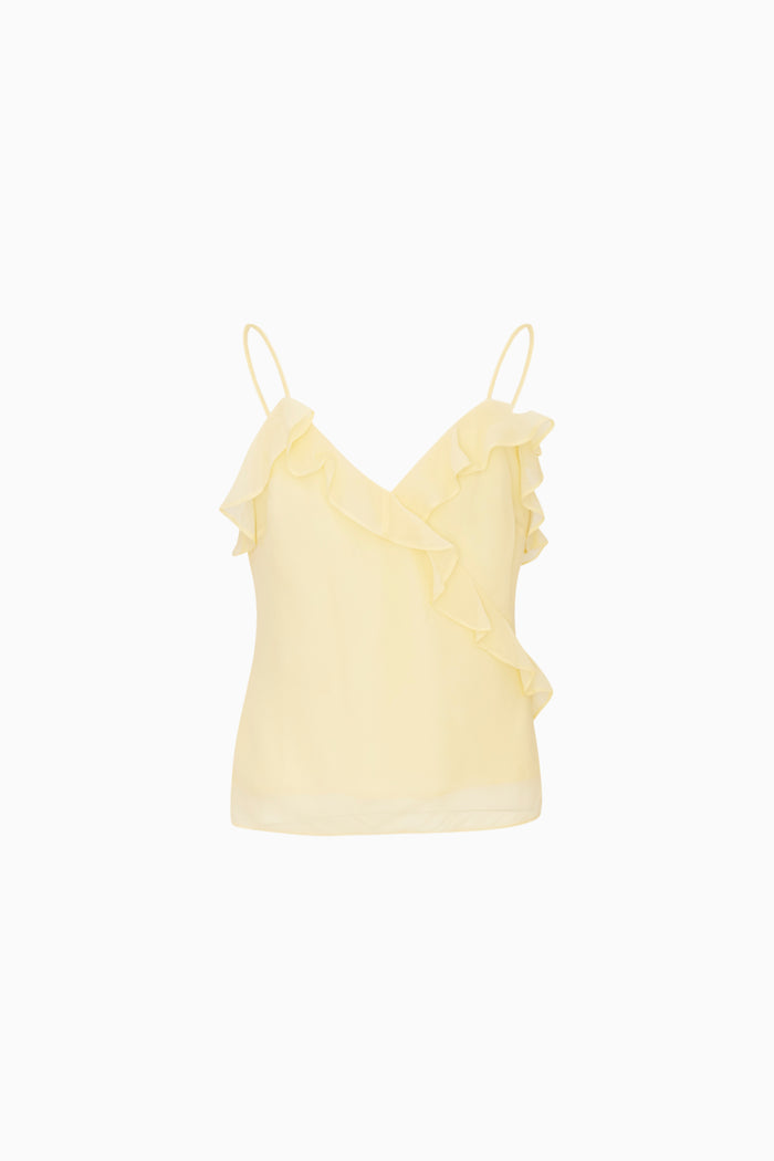 Yellow satin ruffle camisole on a white background