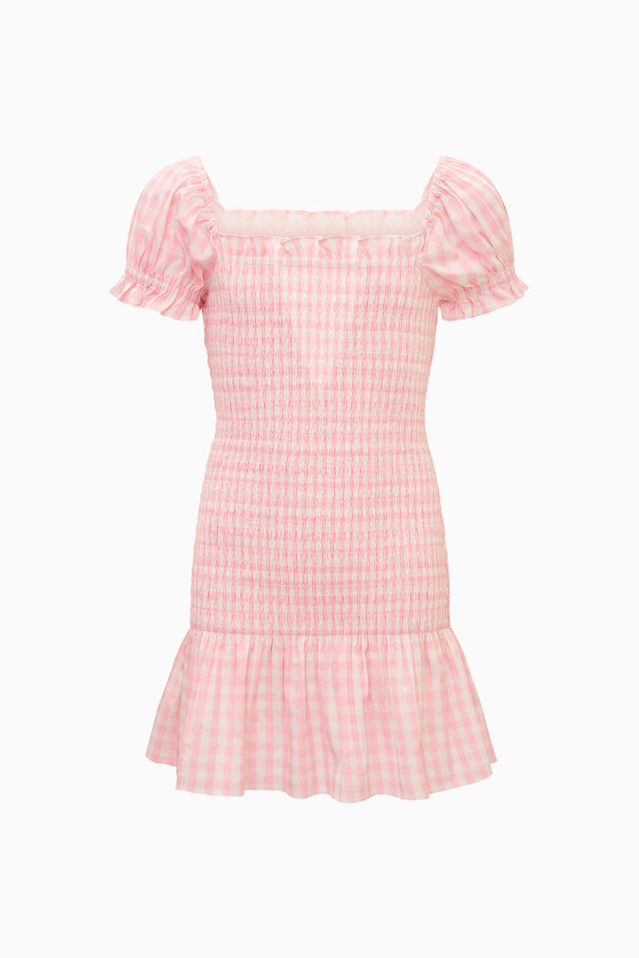 Pink checkered dress with puff sleeves on a white background