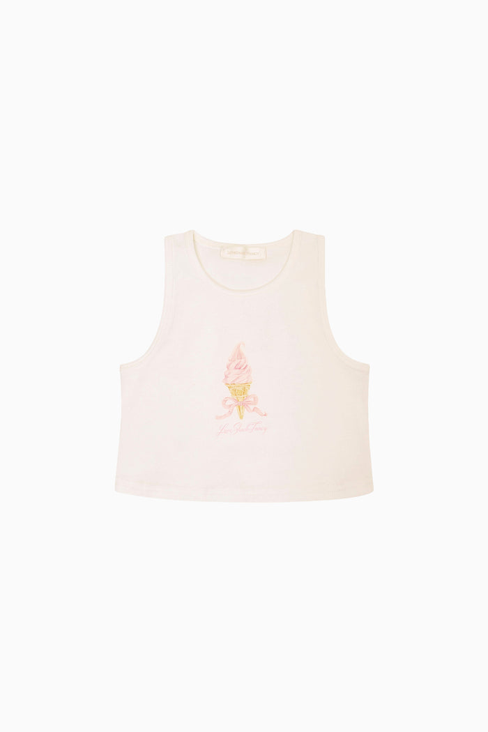 Sleeveless white tank top with soft serve ice cream cone design in center against a white background