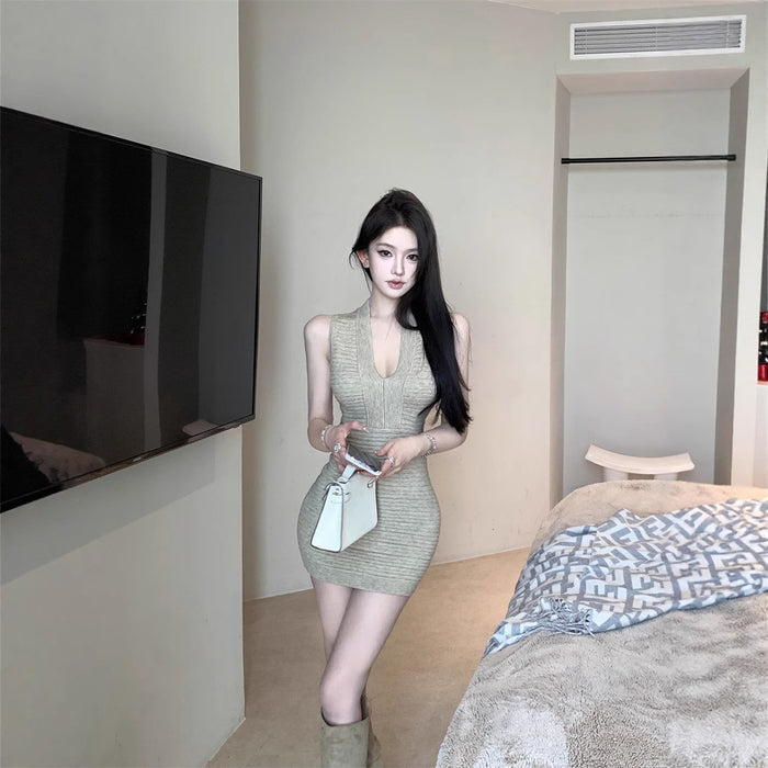 V-neck Knitted Mini Dress - Fashionnsio