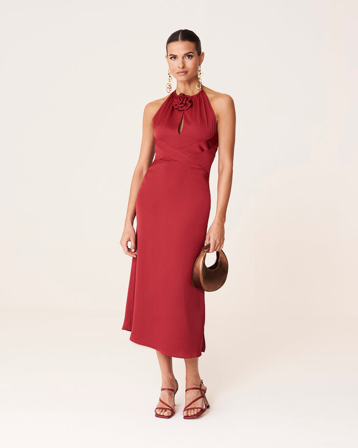 Vestido Clara Cereza midi halter de Lady Pipa para invitada de boda.