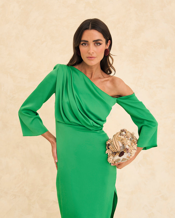 Vestido Etna Verde midi asimétrico de Lady Pipa para invitada de boda.