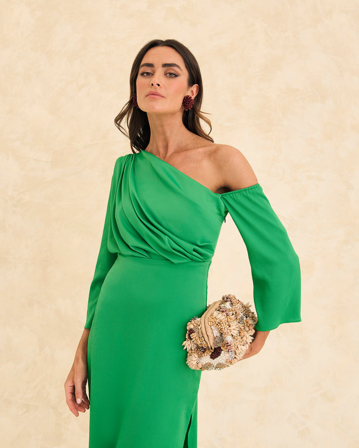 Vestido Etna Verde midi asimétrico de Lady Pipa para invitada de boda.